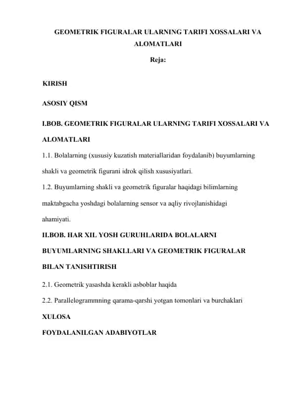 GEOMETRIK FIGURALAR ULARNING TARIFI XOSSALARI VA ALOMATLARI