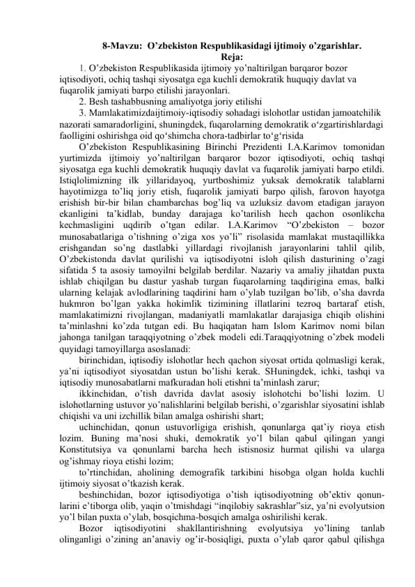 O’zbekiston Respublikasidagi ijtimoiy o’zgarishlar