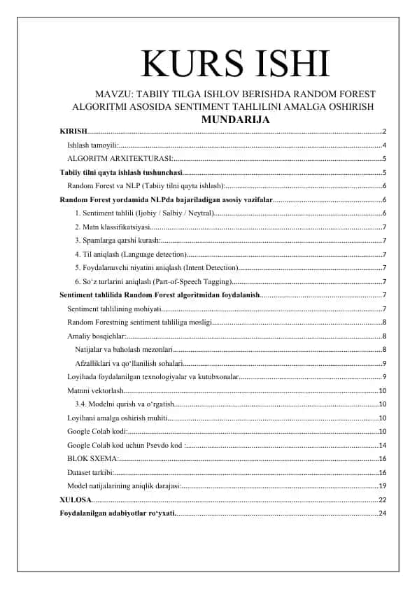 TABIIY TILGA ISHLOV BERISHDA RANDOM FOREST ALGORITMI ASOSIDA SENTIMENT TAHLILINI AMALGA OSHIRISH