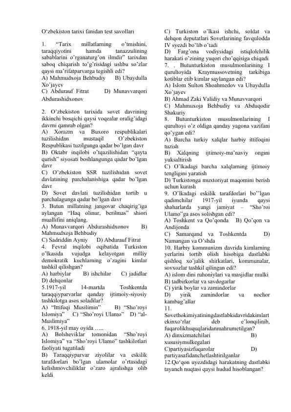 O‘zbekiston tarixi fanidan test savollari