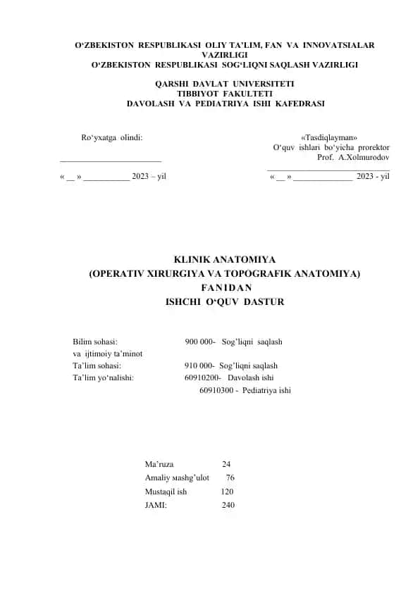 KLINIK ANATOMIYA (OPERATIV XIRURGIYA VA TOPOGRAFIK ANATOMIYA) fanidan ISHCHI O‘QUV DASTUR