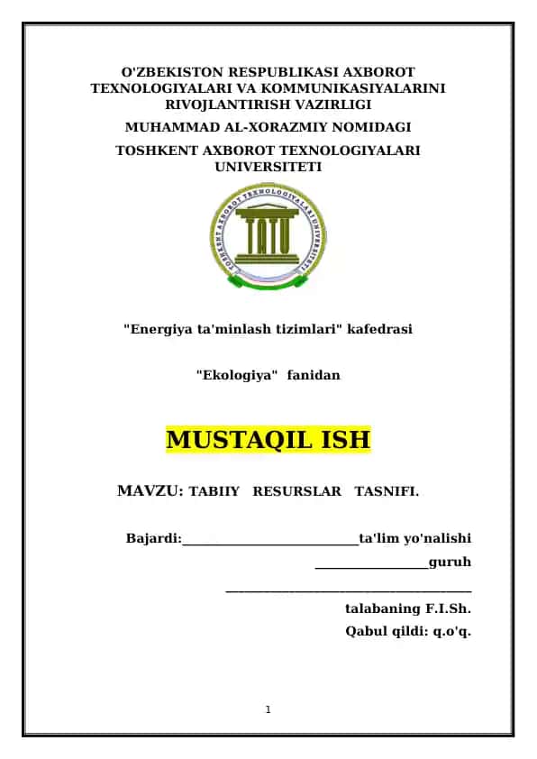 Tabiiy Resurslar Tasnifi