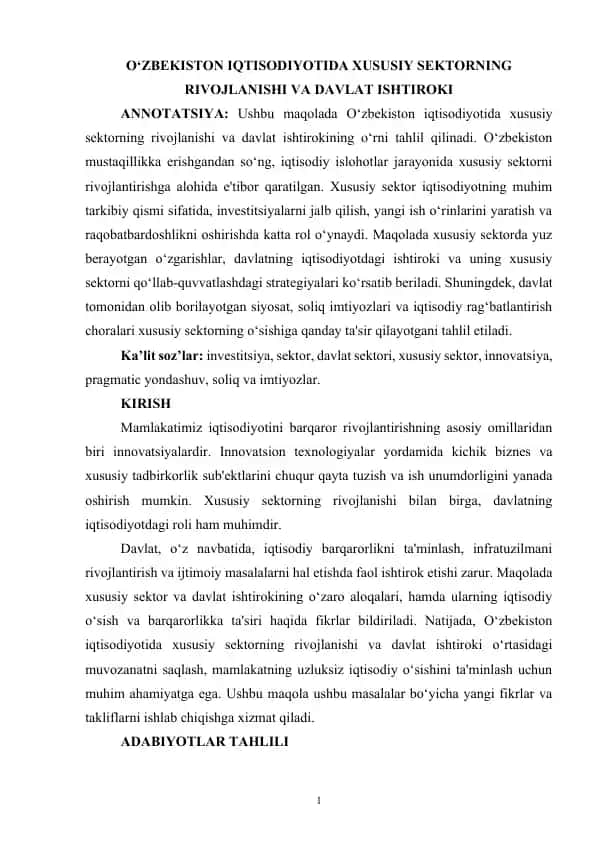 O‘zbekiston iqtisodiyotida xususiy sektorning rivojlanishi va davlat ishtiroki