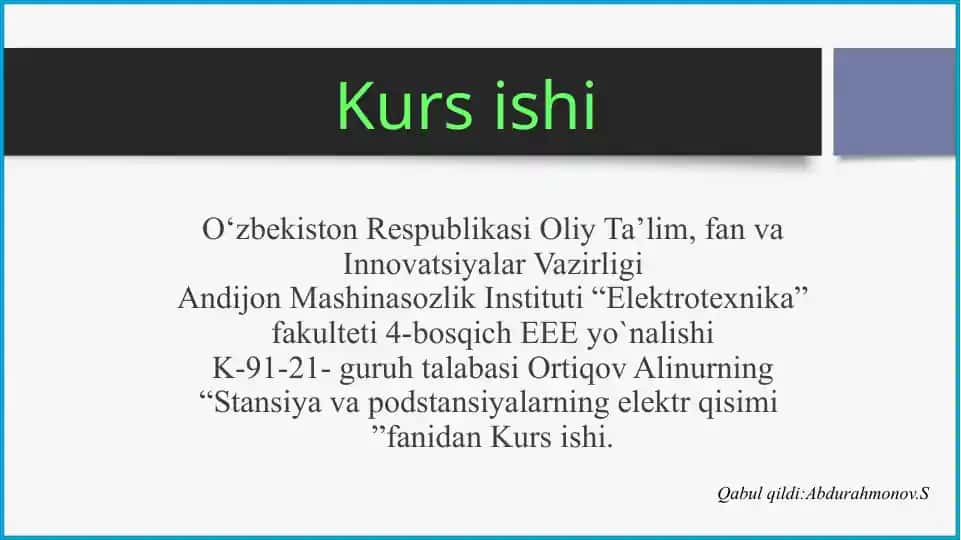 110kV podstansiyalarni elektr sxemasini loyihalash