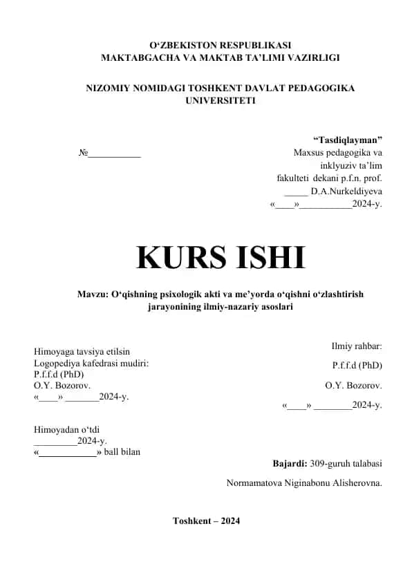 Maxsus pedagogika va inklyuziv ta’lim fakulteti kurs ishi