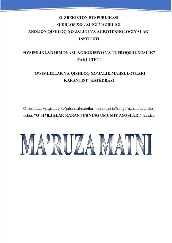 O'Simliklar Karantinining Umumiy Asoslari