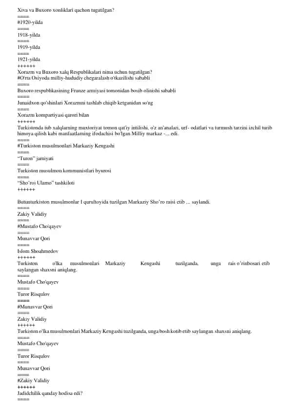 O'zbekiston tarixi test