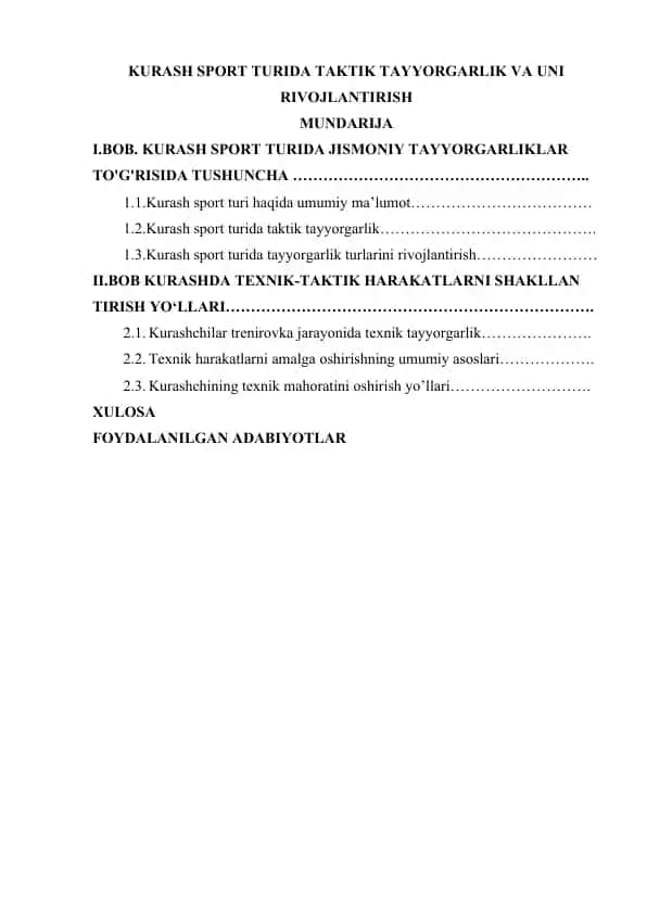 Kurash sport turida taktik tayyorgarlik va uni rivojlantirish
