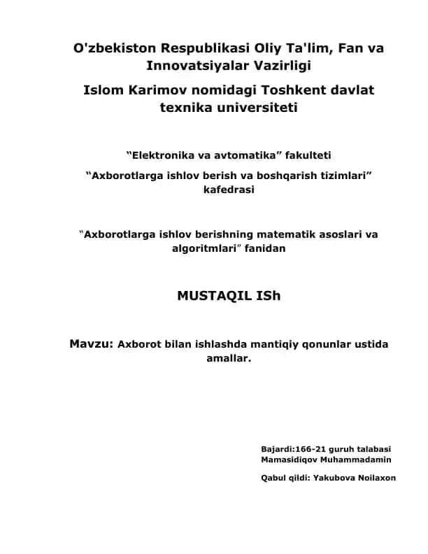 Axborot bilan ishlashda mantiqiy qonunlar ustida amallar