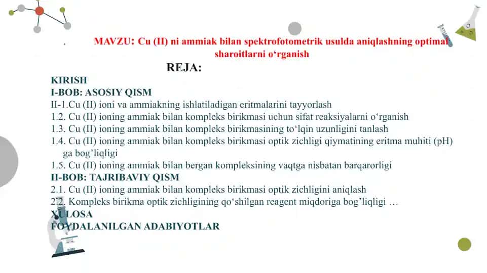 Cu (II) ni ammiak bilan spektrofotometrik usulda aniqlash