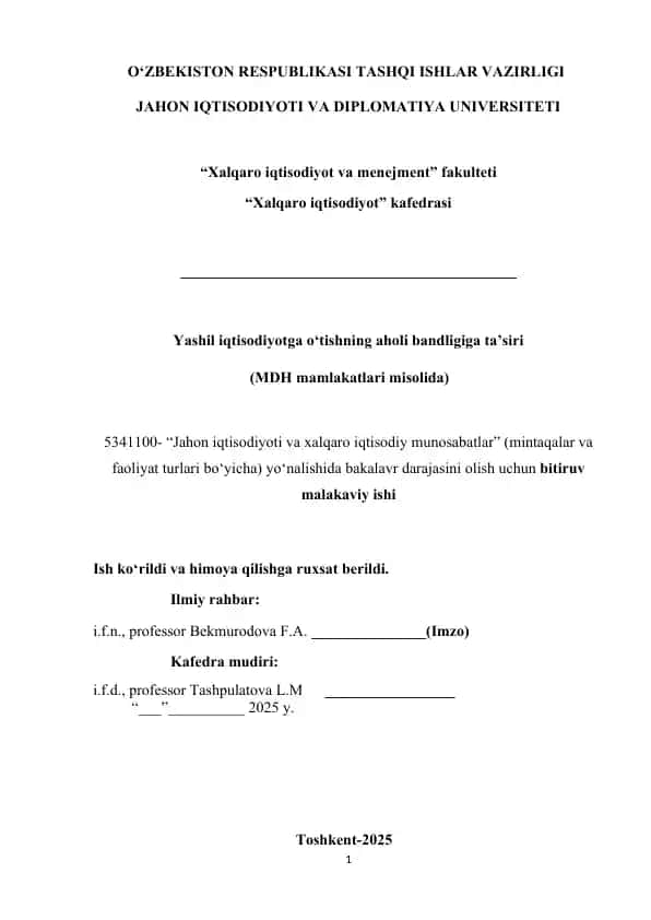 Yashil iqtisodiyotga o‘tishning aholi bandligiga ta’siri (MDH mamlakatlari misolida)