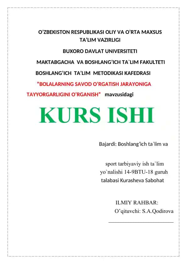 BOLALARNING SAVOD O‘RGATISH JARAYONIGA TAYYORGARLIGINI O`RGANISH