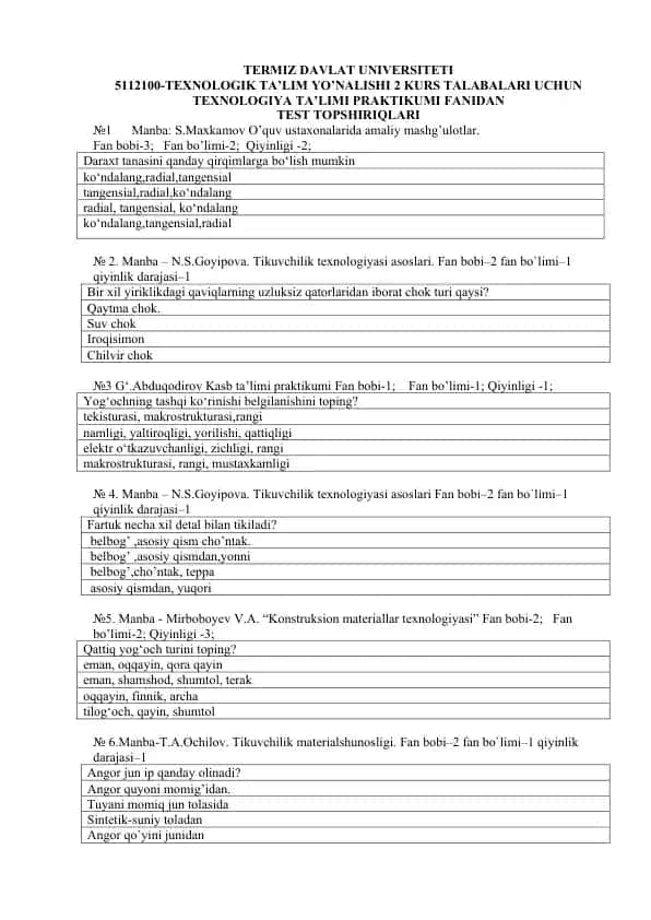 Texnologiya ta'limi praktikumi test topshiriqlari