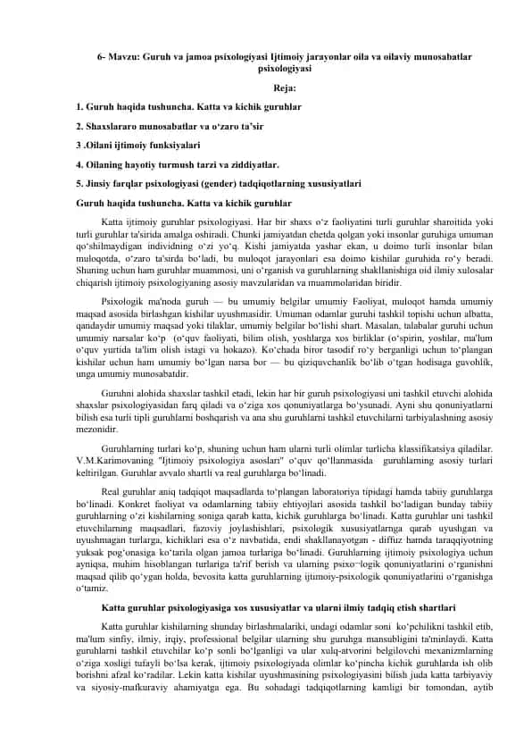 Guruh va jamoa psixologiyasi Ijtimoiy jarayonlar oila va oilaviy munosabatlar psixologiyasi
