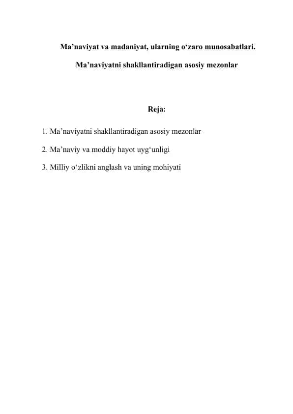 Ma’naviyatni shakllantiradigan asosiy mezonlar