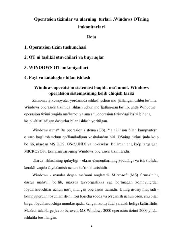 Windows Operatsion Tizimlari va Ularning Turlari