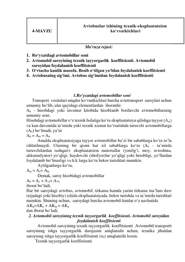 Avtobuslar ishining texnik-ekspluatatsion ko‘rsatkichlari