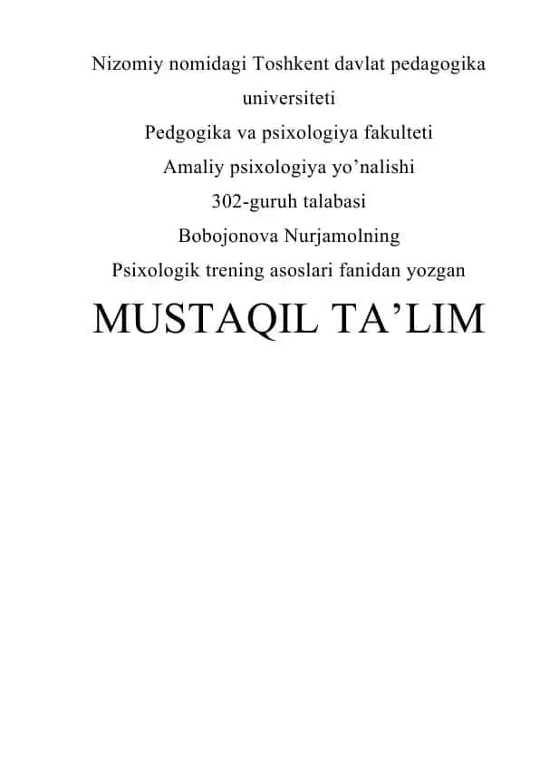 Psixologik treningning boshlang'ich bosqichi