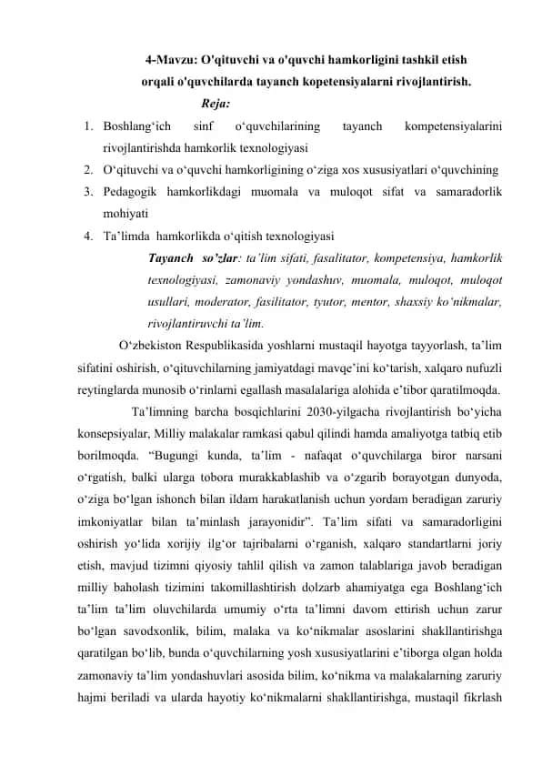 O'qituvchi va o'quvchi hamkorligini tashkil etish orqali o'quvchilarda tayanch kopetensiyalarni rivojlantirish