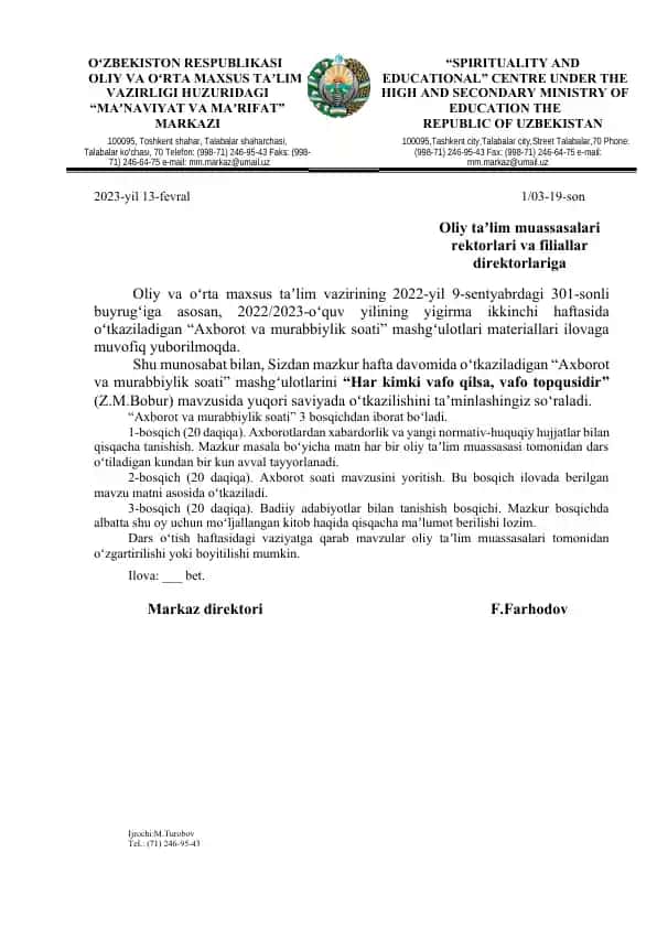 "Axborot va murabbiylik soati"