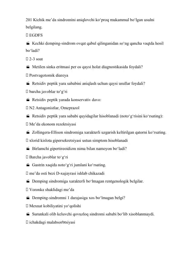 Kichik me’da sindromi va oshqozon-ichak trakti kasalliklari bo‘yicha test savollari to‘plami