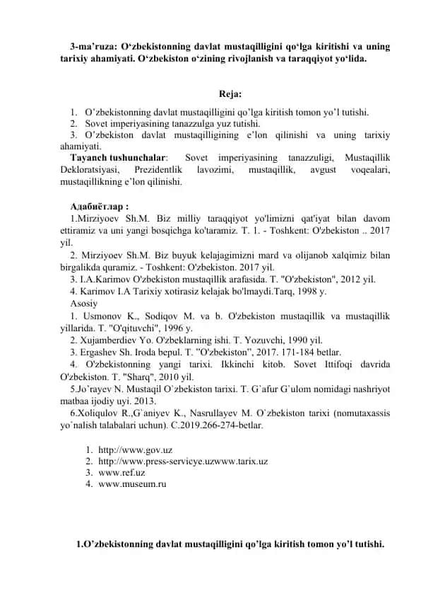 O'zbekistonning mustaqilligi va tarixiy ahamiyati