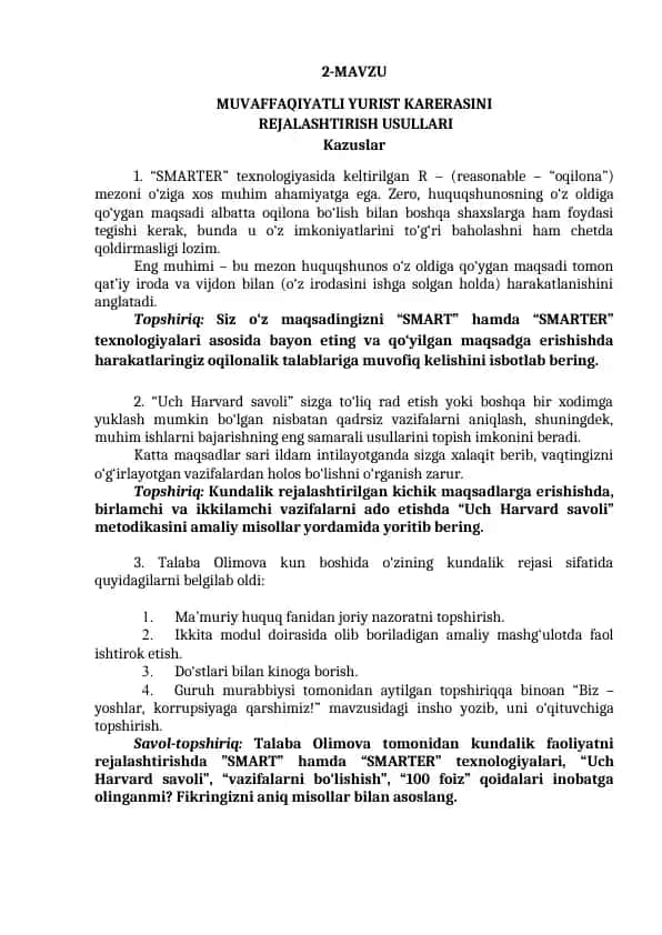 MUVAFFAQIYATLI YURIST KARERASINI REJALASHTIRISH USULLARI