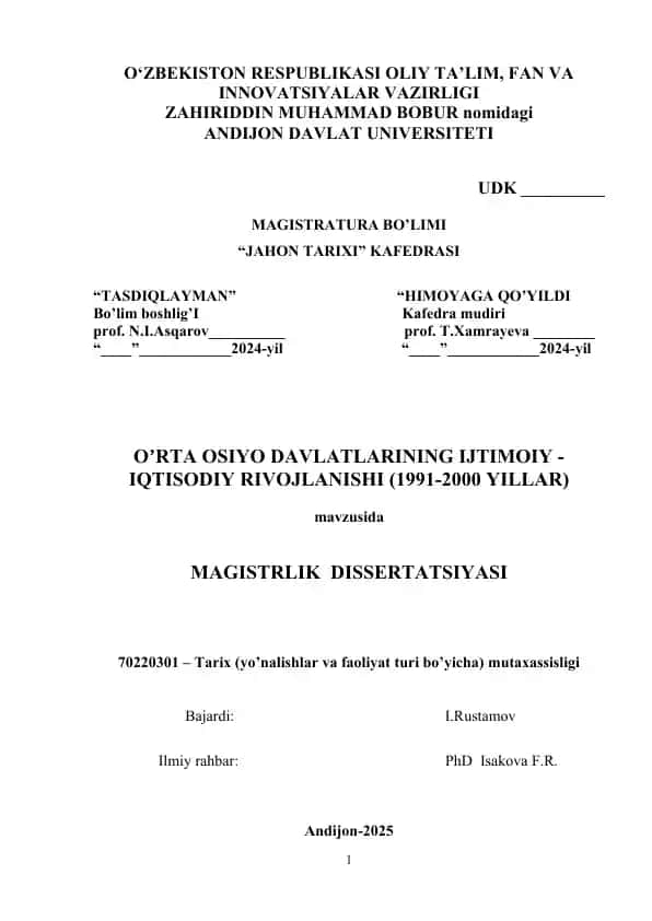O‘rta Osiyo Davlatlarining Ijtimoiy - Iqtisodiy Rivojlanishi (1991-2000 Yillar)