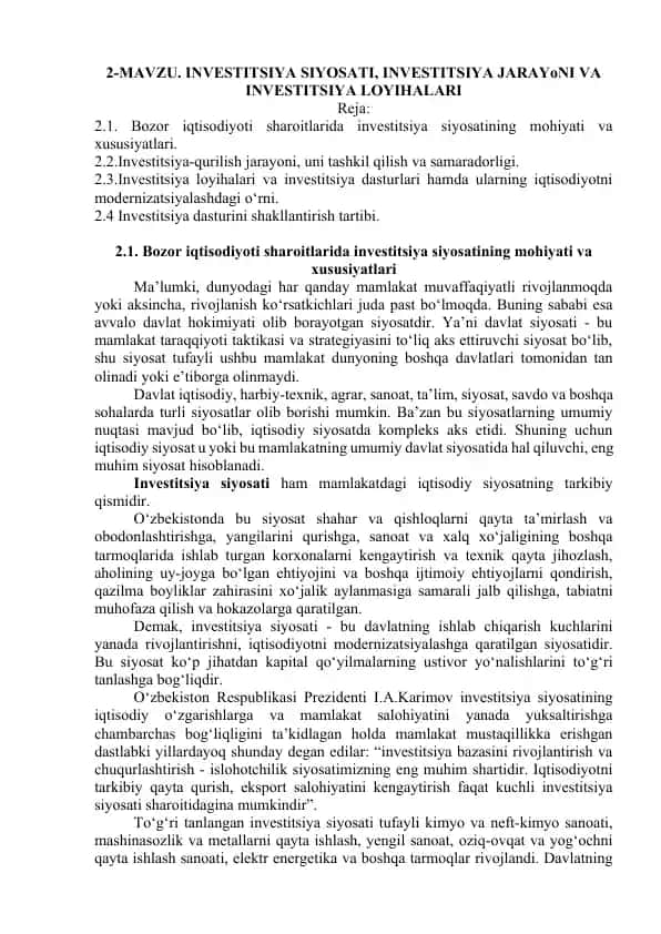 Investitsiya siyosati, investitsiya jarayoni va investitsiya loyihalari