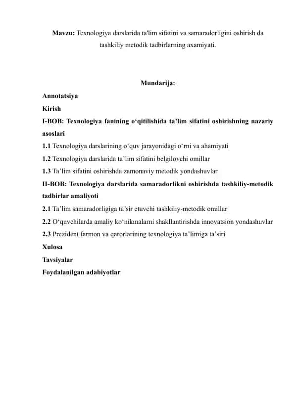 Texnologiya darslarida ta'lim sifatini va samaradorligini oshirish