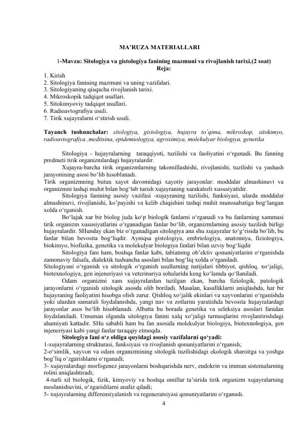 Sitologiya va gistologiya fanining mazmuni va rivojlanish tarixi