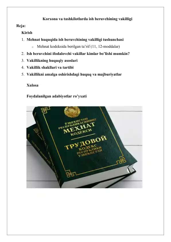 Korxona va tashkilotlarda ish beruvchining vakilligi