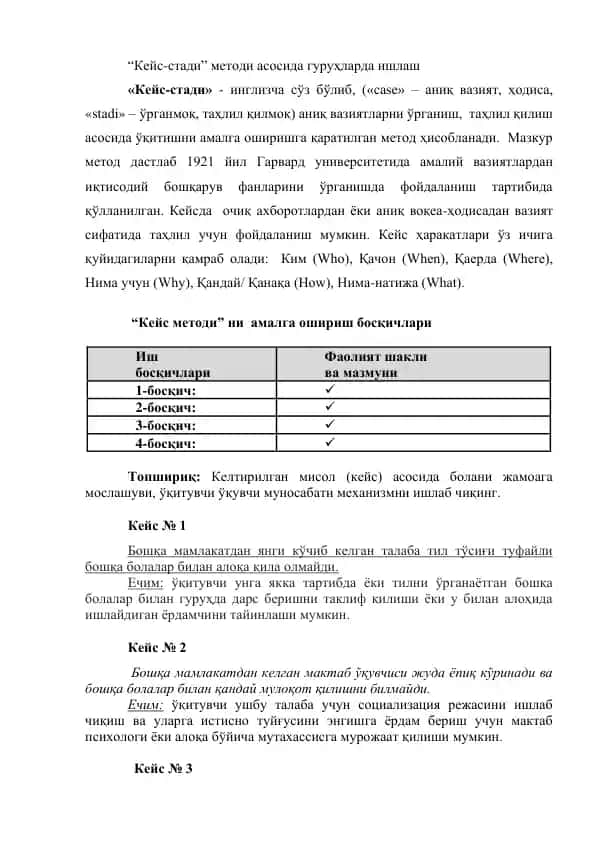 "Кейс-стади" методи асосida guruhlarda ishlash