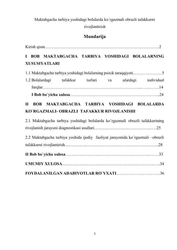 Maktabgacha tarbiya yoshidagi bolalarda ko`rgazmali obrazli tafakkurni rivojlantirish