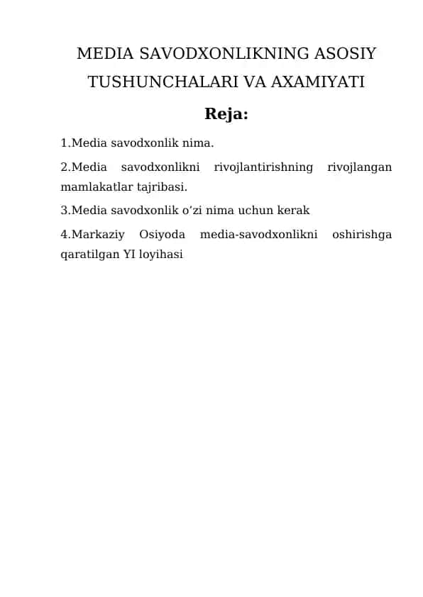 MEDIASAVODXONLIKNING ASOSIY TUSHUNCHALARI VA AXAMIYATI