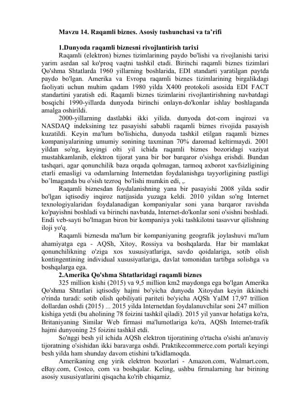 Mavzu 14. Raqamli biznes. Asosiy tushunchasi va ta’rifi