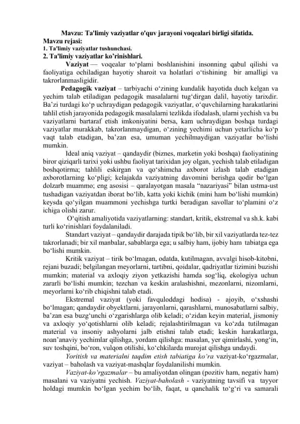 Ta'limiy vaziyatlarning o'quv jarayoni voqealari