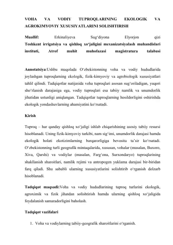 VOHA VA VODIY TUPROQLARINING EKOLOGIK VA AGROKIMYOVIY XUSUSIYATLARINI SOLISHTIRISH