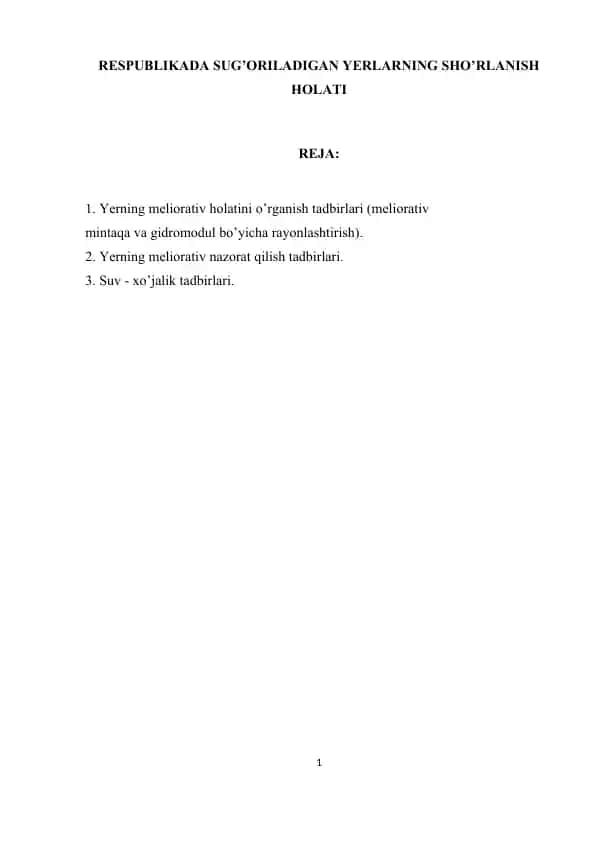 RESPUBLIKADA SUG’ORILADIGAN YERLARNING SHO’RLANISH HOLATI