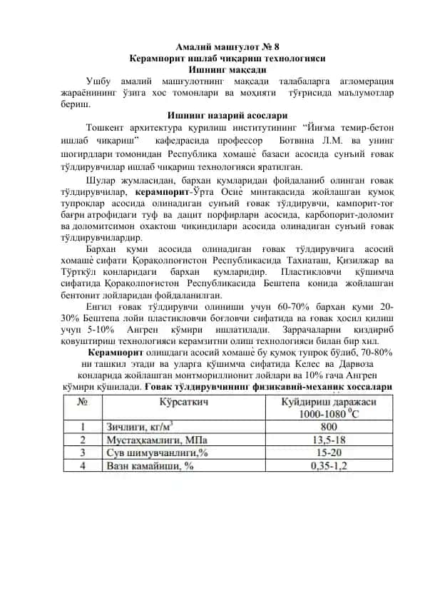 Керампорит ишлаб чиқариш технологияси