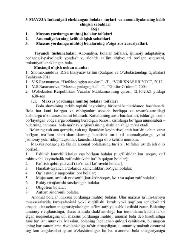 Imkoniyati cheklangan bolalar turlari va anomaliyalarning kelib chiqish sabablari