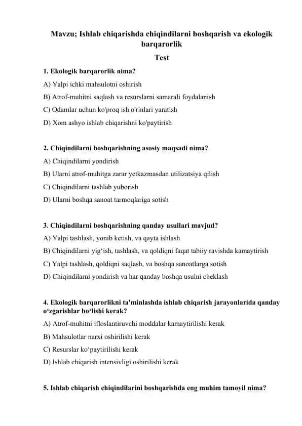 Ishlab chiqarishda chiqindilarni boshqarish va ekologik barqarorlik testlar
