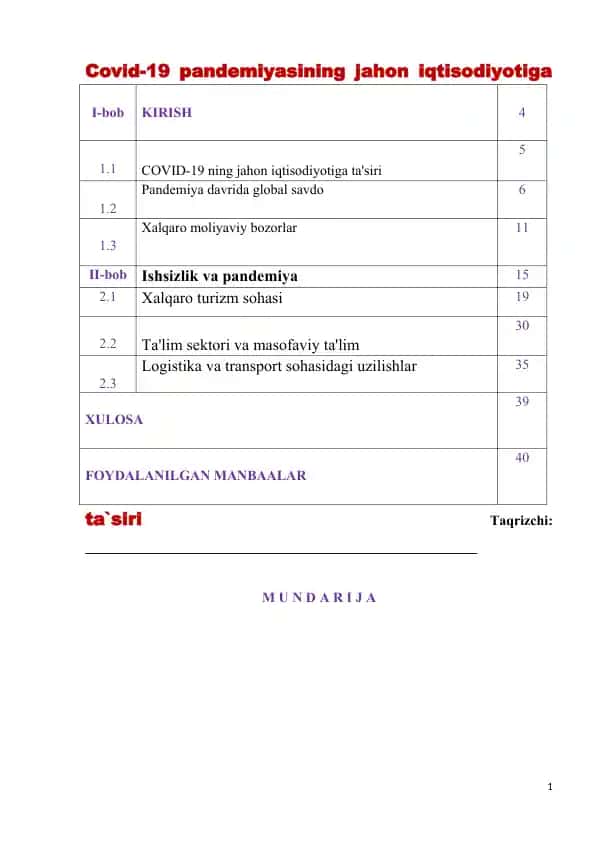 Covid-19 pandemiyasining jahon iqtisodiyotiga ta`siri
