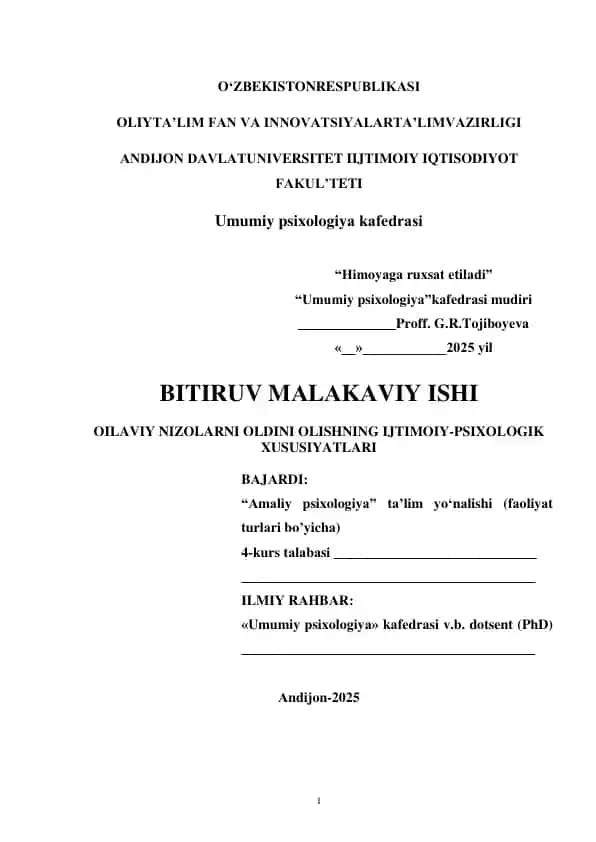 Bitiruv Malakaviy Ishi "O'ilaviy Nizolarni Oldini Olishning Ijtimoiy-Psixologik Xususiyatlari"