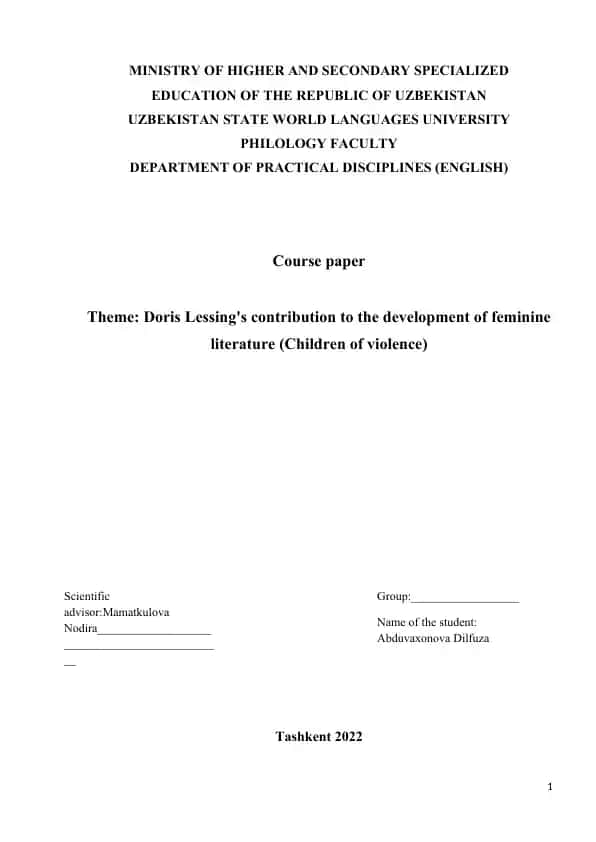 Doris Lessing's contribution to the development of feminine literature (Children of violence)