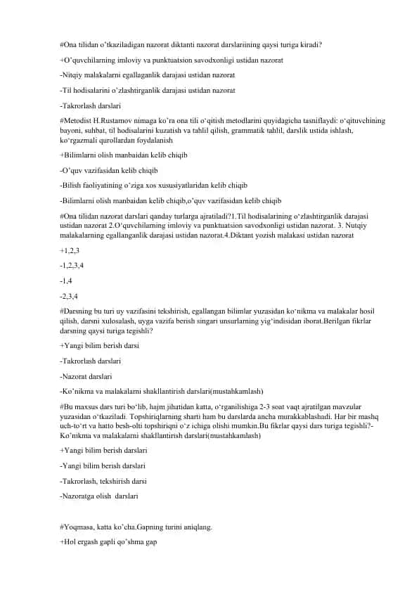 Ona tilidan o’tkaziladigan nazorat diktanti nazorat darslari