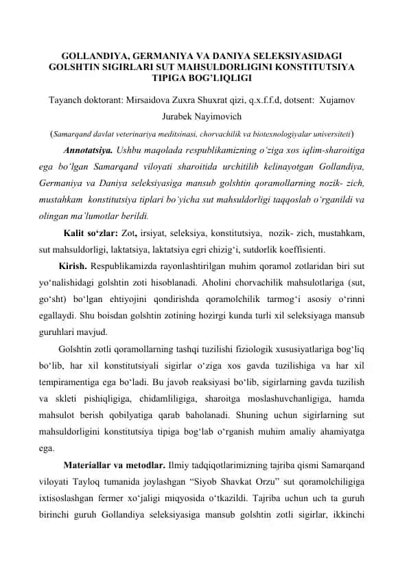 Gollandiya, Germaniya va Daniya seleksiyasidagi Golshtin sigirlari sut mahsuldorligini konstitutsiya tipiga bog’liqligi