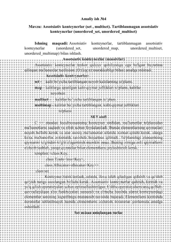 Аssotsiativ konteynerlar (set , multiset). Tartiblanmagan assotsiativ konteynerlar (unordered_set, unordered_multiset)