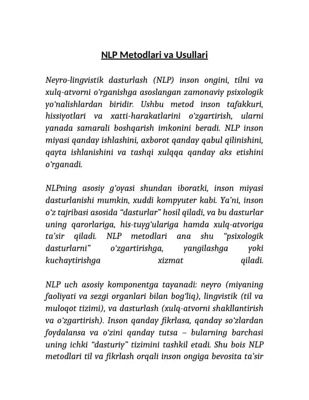 NLP Metodlari va Usullari