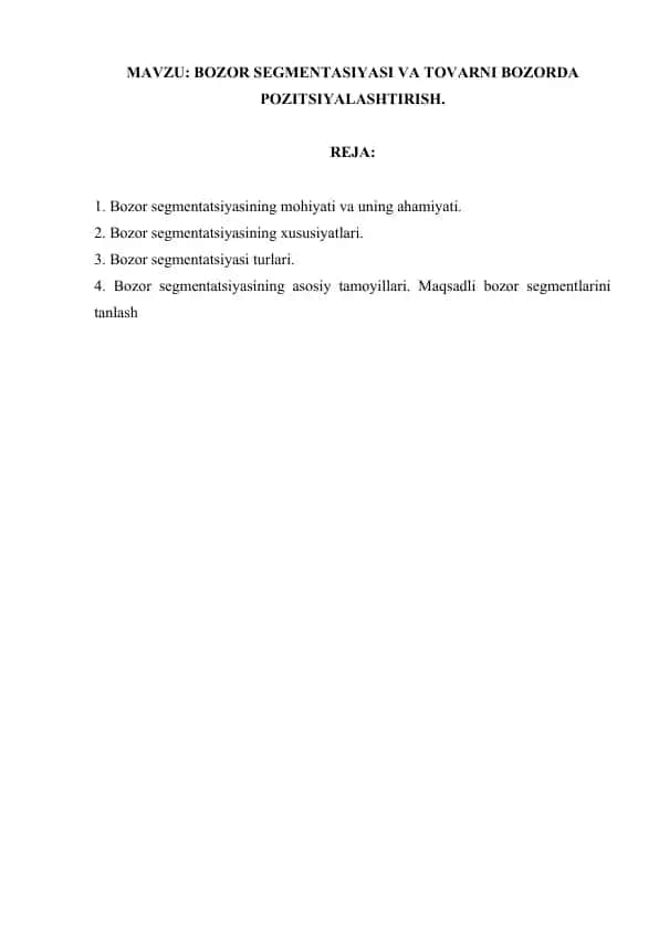 Bozor segmentatsiyasi va tovarni bozorda pozitsiyalashtirish